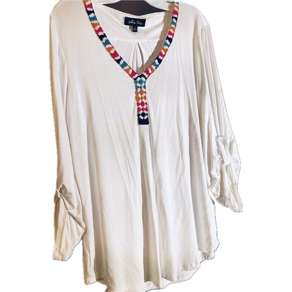 Melissa Paige Sz L Beaded V Neck Top Blouse Roll Tab Sleeves